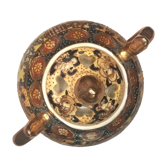 Antique Chinese Tripod Incense Burner Hand Painted Porcelain Gold Gilded Vase - Picture 7 of 14